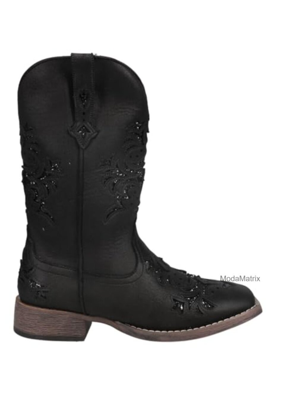Womens Kennedy Glitter Tooled Inlay Square Toe Pull On Casual Boots